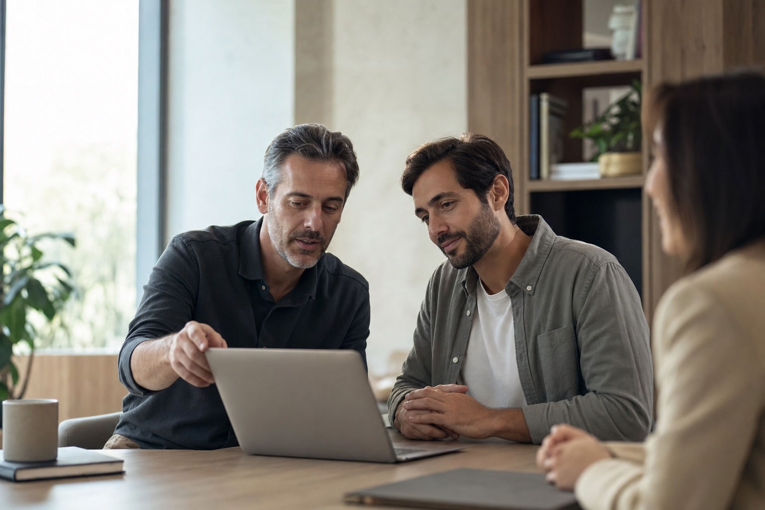 Profissionais utilizando um portal digital durante uma conversa de trabalho