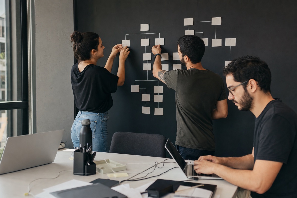 Profissionais organizando um fluxo de trabalho em um ambiente corporativo