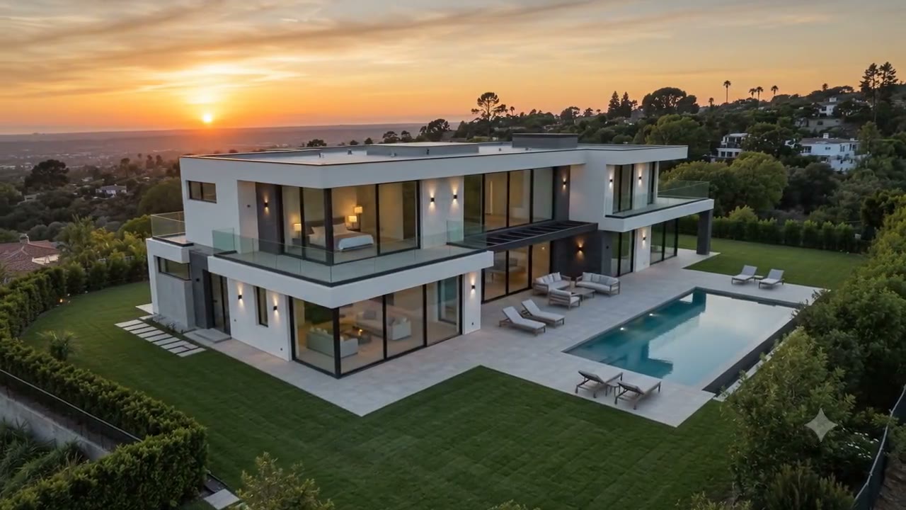 Residência contemporânea em uma paisagem ao pôr do sol